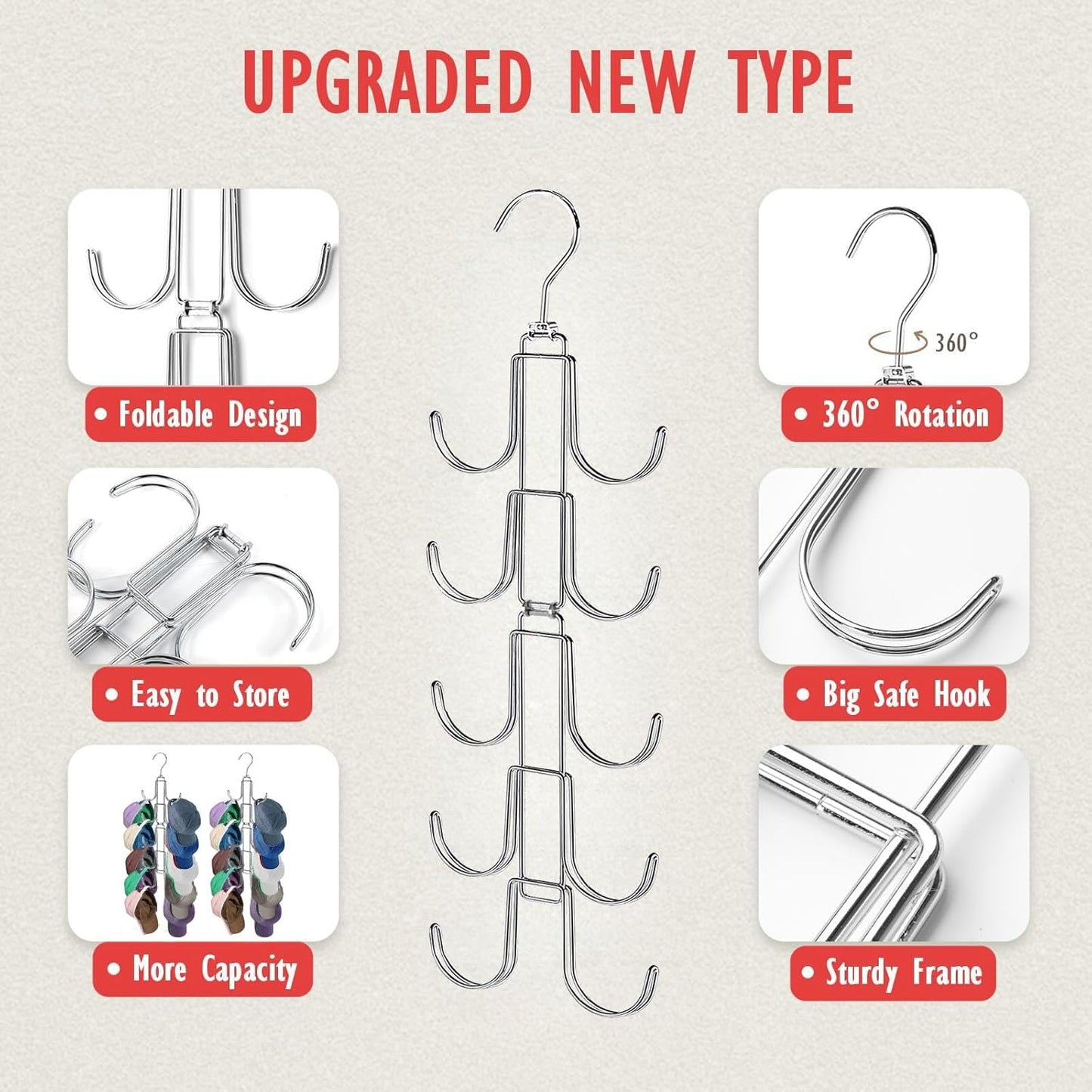 Hat Organizer for Closet, Collapsible Caps Rack with 10 Rotatable Large Hooks, Holds Up to 40 Baseball Caps, Metal Space Saving Hat Hanger for Display, Storage and Closet Organizers, Silver
