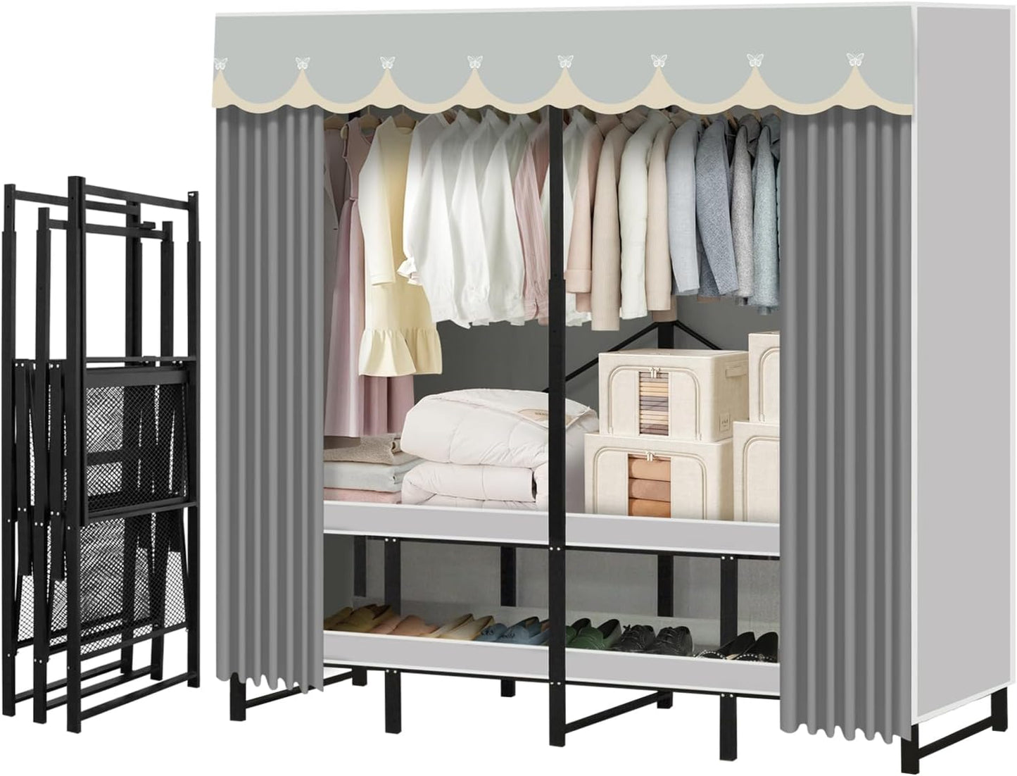 Portable Closet Rack Heavy-Duty Foldable Garment Racks with Cover 1200lbs Enclosed Wardrobe Closet with Independent Area for Hanging Clothes Storaging of Bedding (66in*20in*67in)