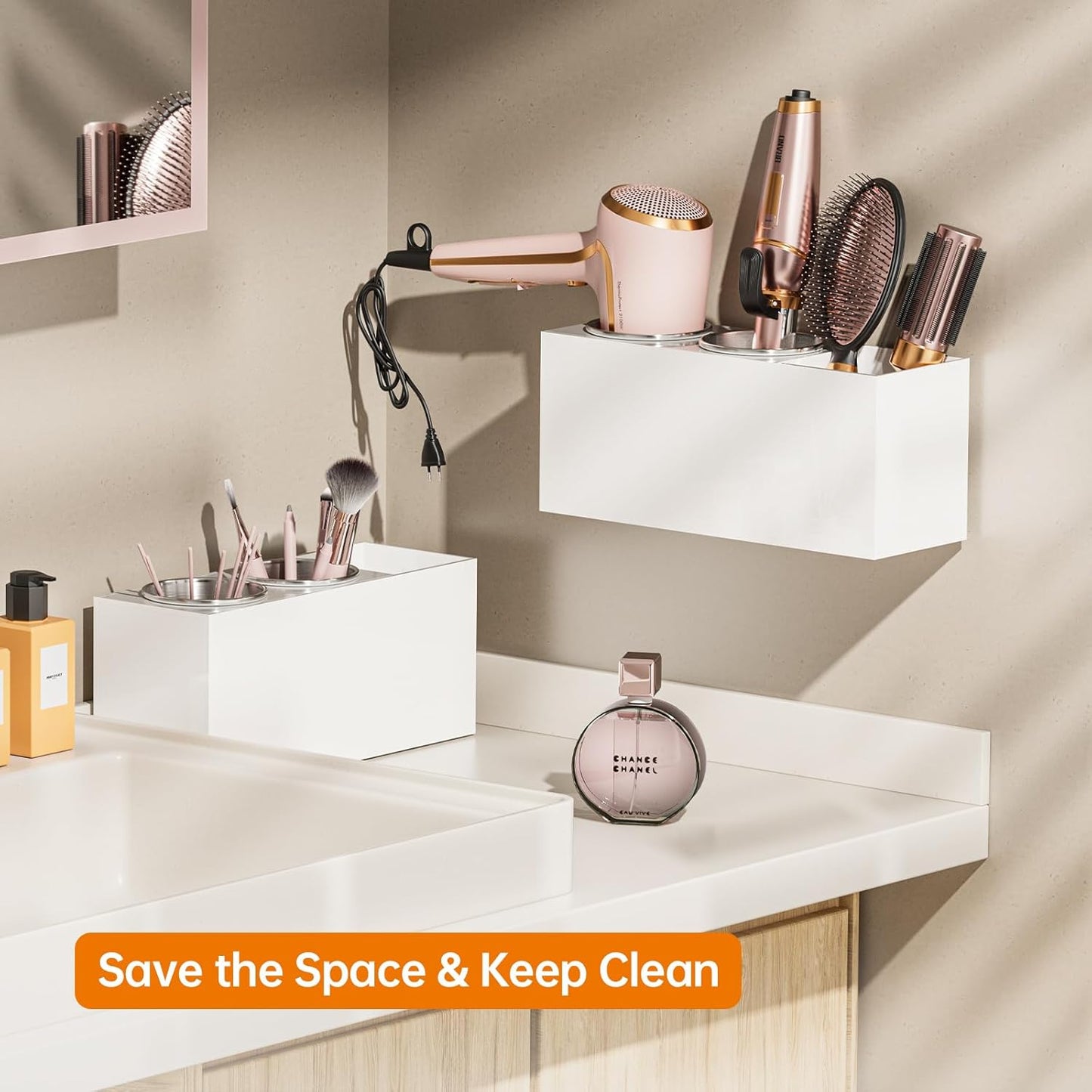 Hair Tool Organizer Acrylic: Hair Dryer Holder Wall Mount - Blow Dryer Holder Cabinet Door - Bathroom Countertop Organizer for Curling iron Hot Styling Tools Flat Iron - White