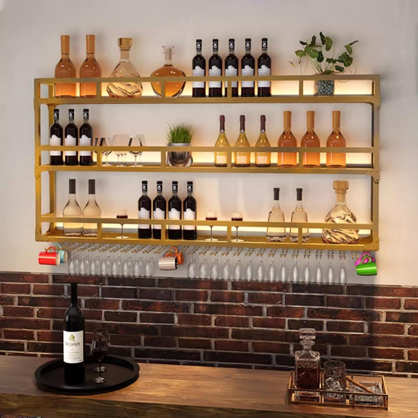 70.8in Wall Mounted Wine Rack, Wine Rack Wall Mounted with Wine Glass Rack, Metal Bar Bottle Display Shelf Wine Cups Hanging Holder, for Home Bar Cafe Decoration (Gold, 70.8 * 10 * 35.5IN)