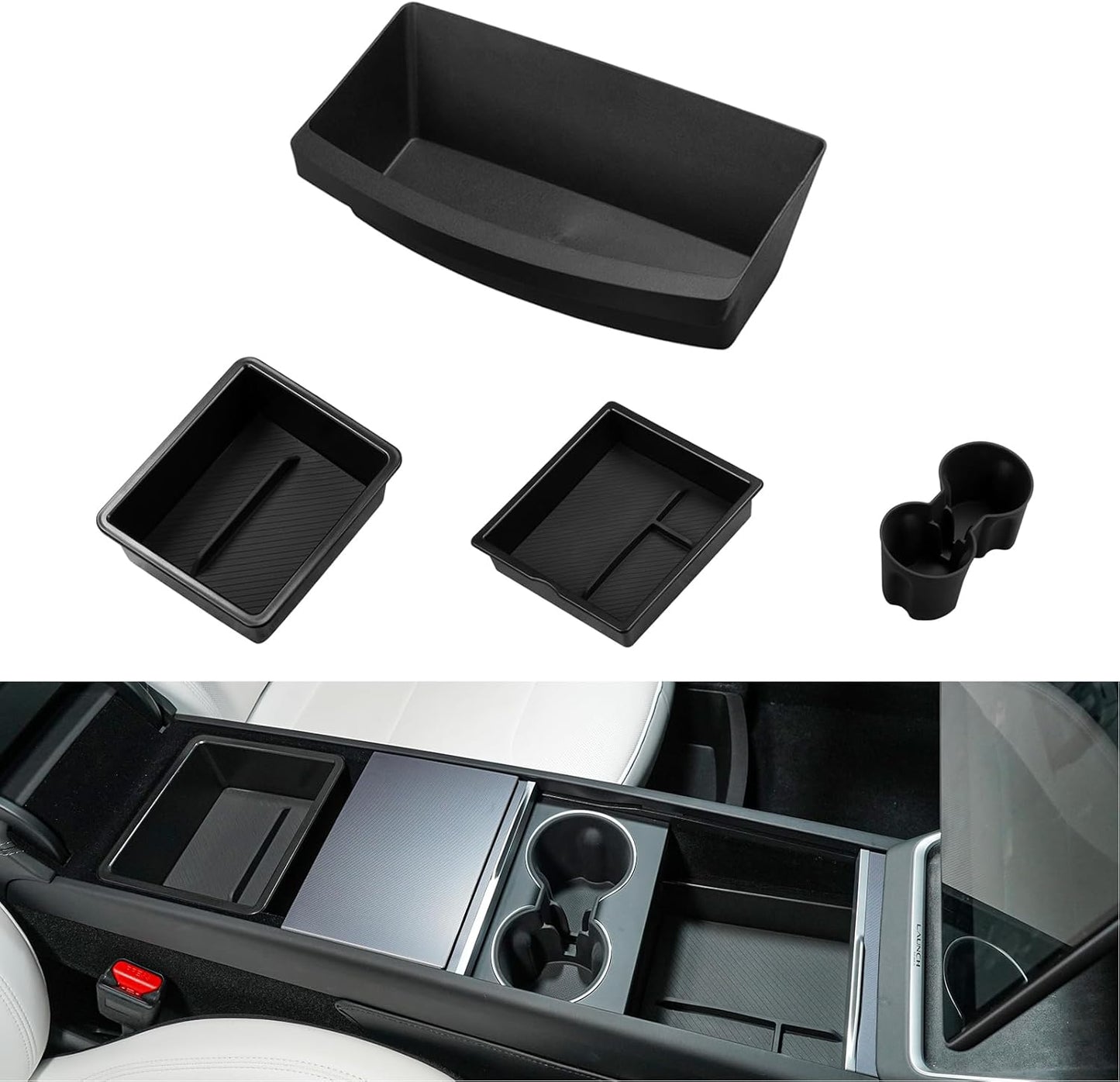 Motrobe 6PCS 2026 Tesla Model Y Juniper Center Console Organizer Tray Cup Holder Armrest Storage Box Under Seat Storage Box Model Y Juniper Accessories (Standard/Premium/Performance 2025/2026)