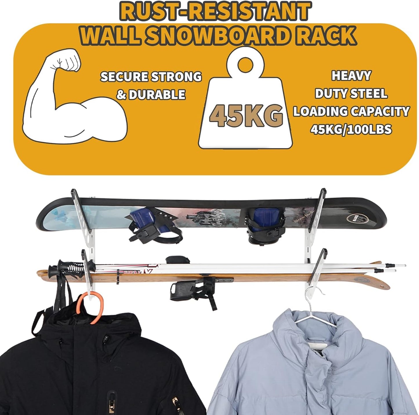 Snowboard Wall Racks, Adjustable Storage Rack for Ski, Surfboard, Wakeboard, Snowboard Wall Mount Display, White/Black