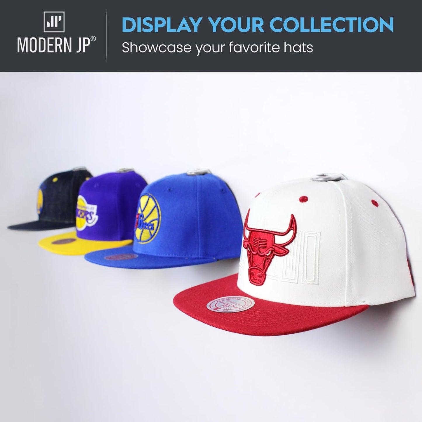 Modern JP Adhesive Hat Hooks for Wall (32-Pack) - Hat Rack for Baseball Caps, Minimalist Hat Display, Strong Hold Hat Hangers for Wall - USA Patented, White