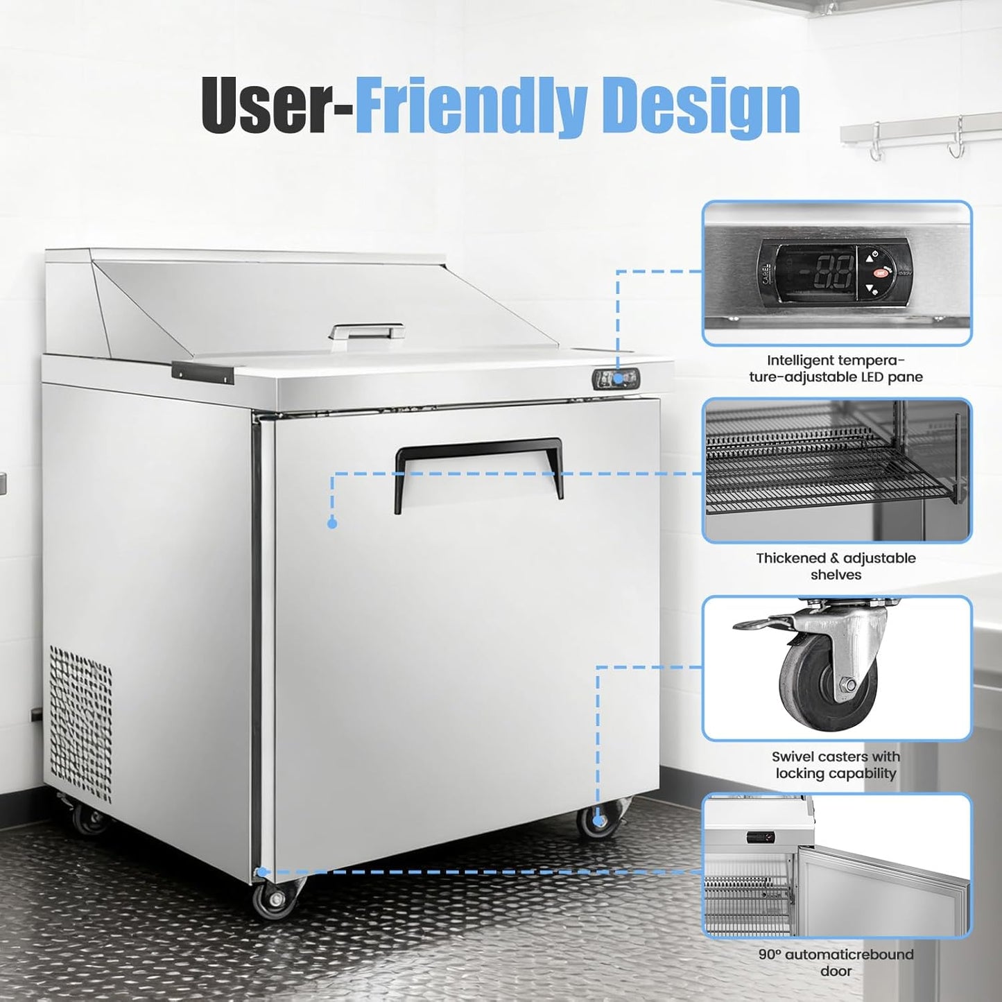 29" W Commercial Refrigerator Sandwich Salad Prep Table, Stainless Steel 1-Door Sandwich Prep Table Refrigerator, Counter Fan Cooling Refrigerator with 12 Pans for Restaurant, Bar