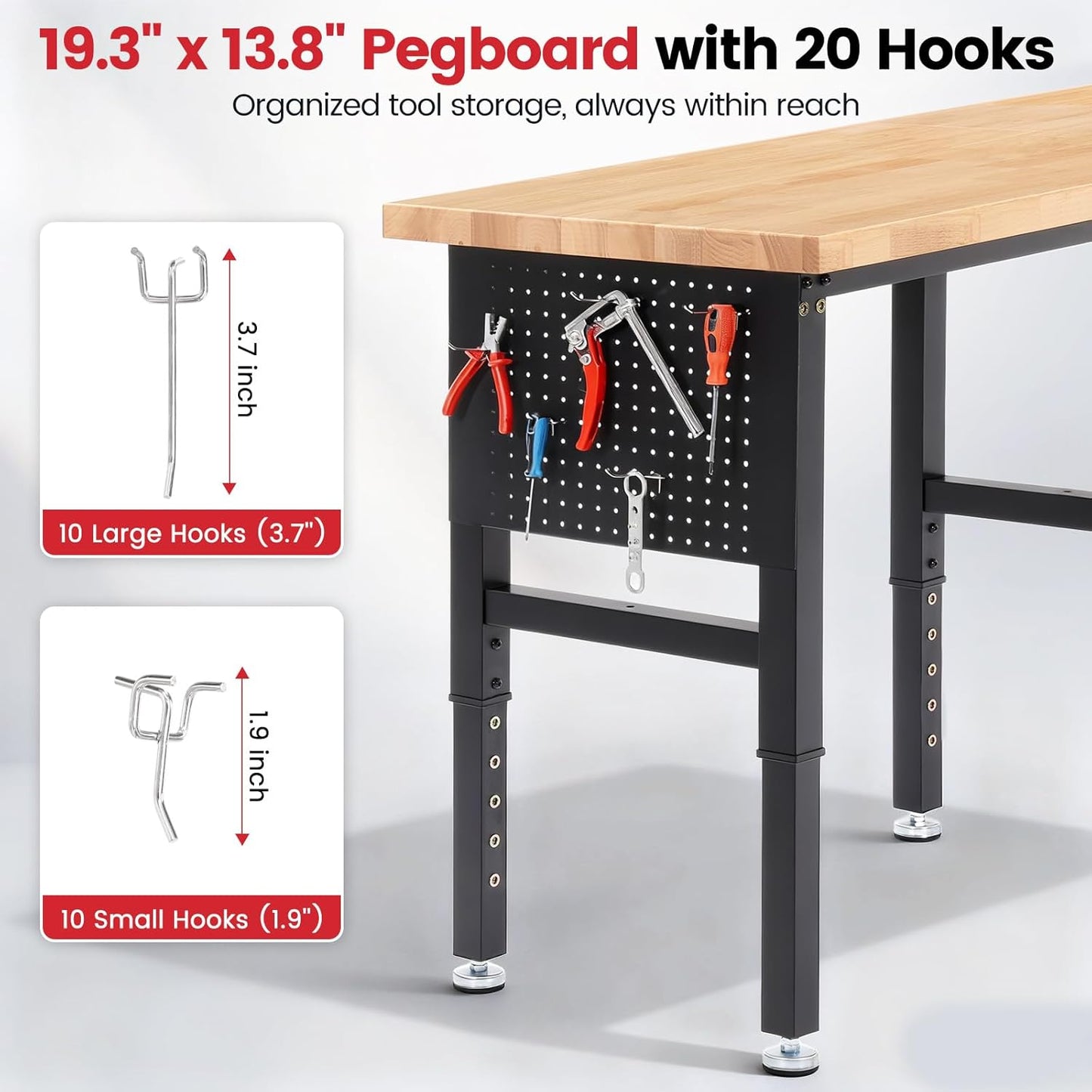 Workbench 72 x 24 Inch Heavy Duty Adjustable Height Work Table with Power Outlets & Extended Pegboard 5000 lbs Load Capacity for Garage, Workshop, Home, Office