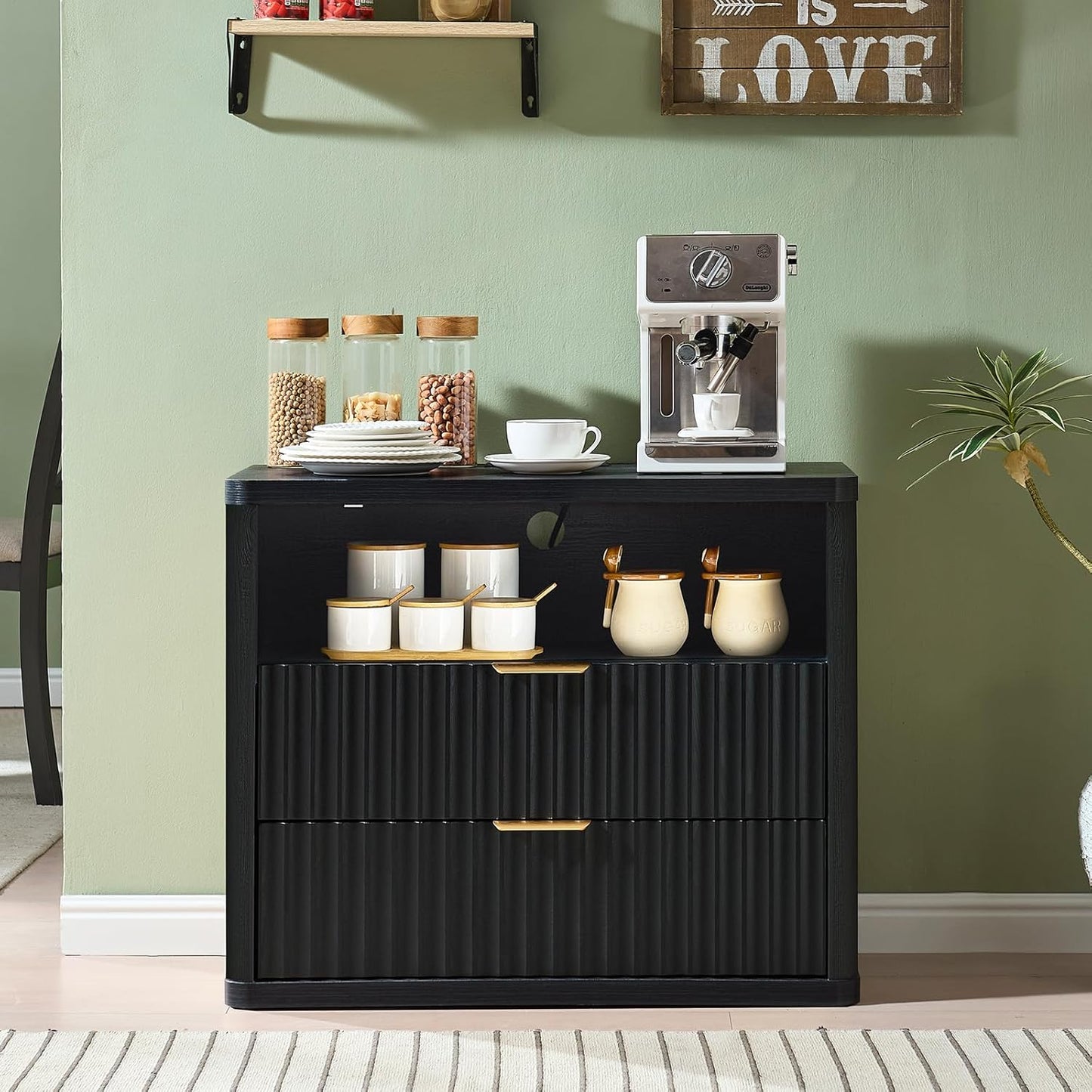 LEYAOYAO 31" Wide Fluted Night Stand Set of 2 with Charging Station, Oversized Extra Large 2 Drawers Nightstand,Black Wood Bedside Table,Tall End Tables,Modern Chest of Drawers Dressers for Bedroom