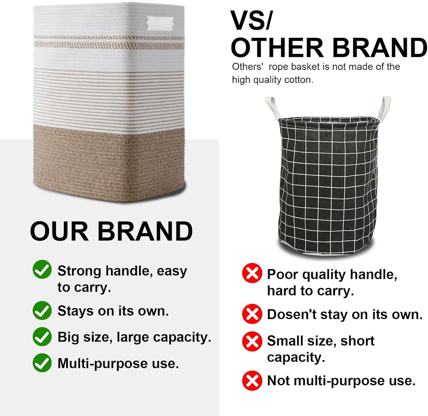 Laundry Hamper, Large Woven Rope Tall Laundry Basket with Handles, 22" X 17" X 13", Decorative Storage Basket for Clothes and Blankets in Living room, Bedroom, Brown Variegated
