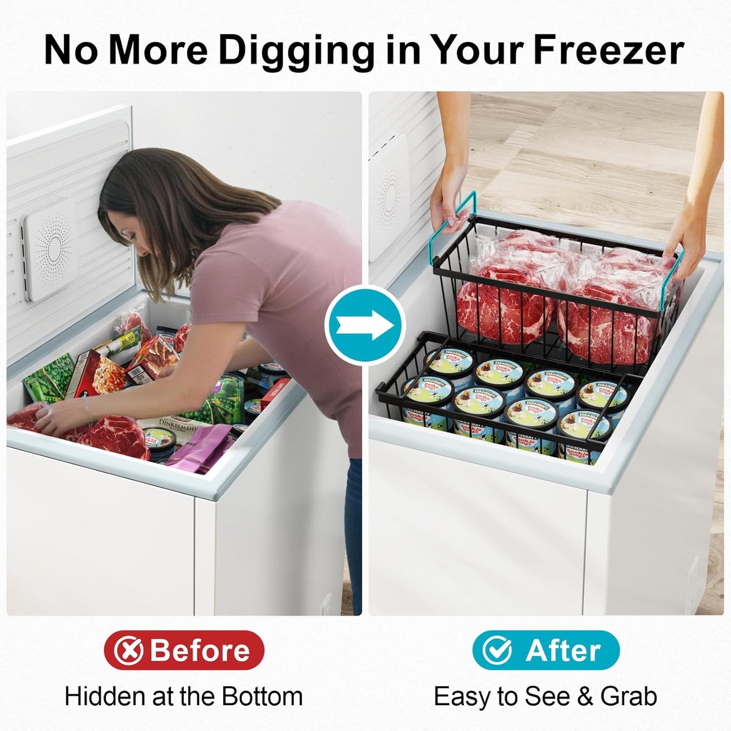 iSPECLE Chest Freezer Basket - 3 Pack Small Stackable Freezer Bins for Most 7 Cu.FT Deep Freezer Sort Frozen Food, Deep Freezer Organizer Bins with Handles Easy to Get Food from Bottom, Black
