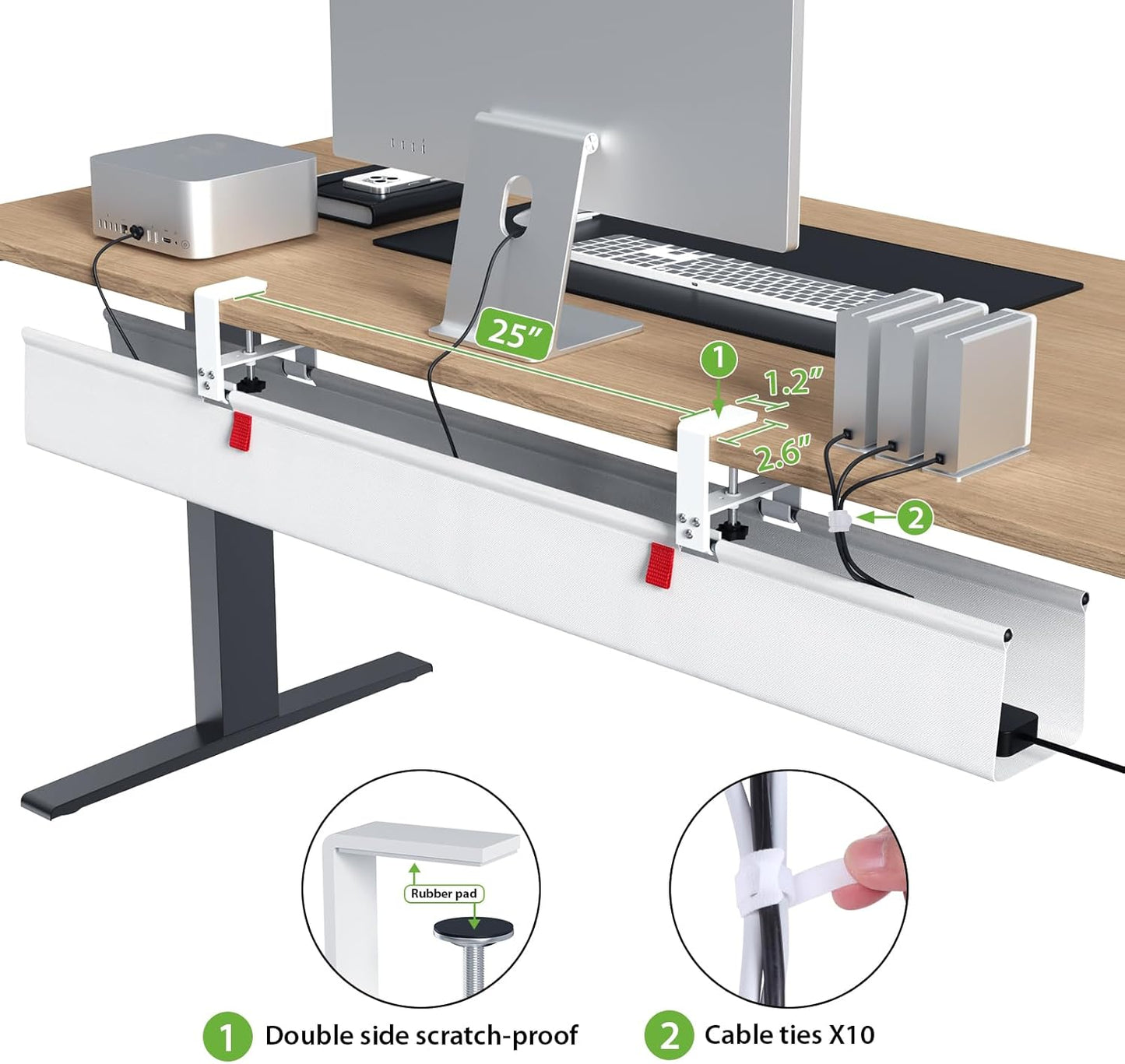 KEEGH Extra Large 48" Under Desk Cable Management Tray - Under Desk Cord Management - Clamp/Screw Mount - Support Upto 70lbs - Fabric Wire Management - Cable Raceways Cord Hider for Office/Home, White