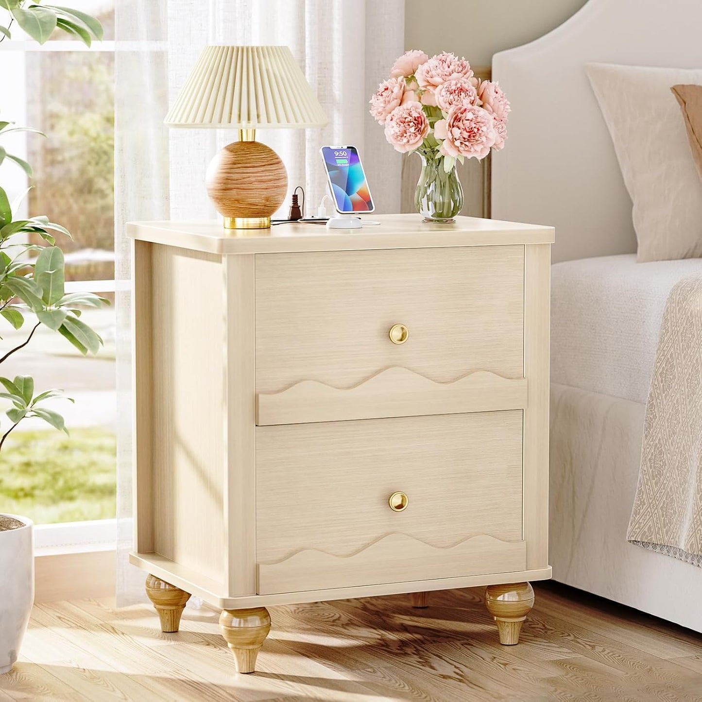 Cyclysio Nightstand with Charging Station, Side End Table with 2 Drawers, Modern Wood Night Stand with Scalloped Pattern for Bedroom, Bedside Night Tables with Solid Wood Gourd Legs