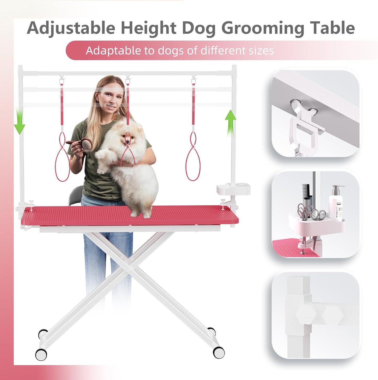 VFK 47" Adjustable Dog Grooming Table with Storage Box & Metal Basket Manual Height-Adjustable Pink Pet Grooming Table for Dogs at Home Use, Waterproof Scratch-Resistant Surface, X-Frame Design