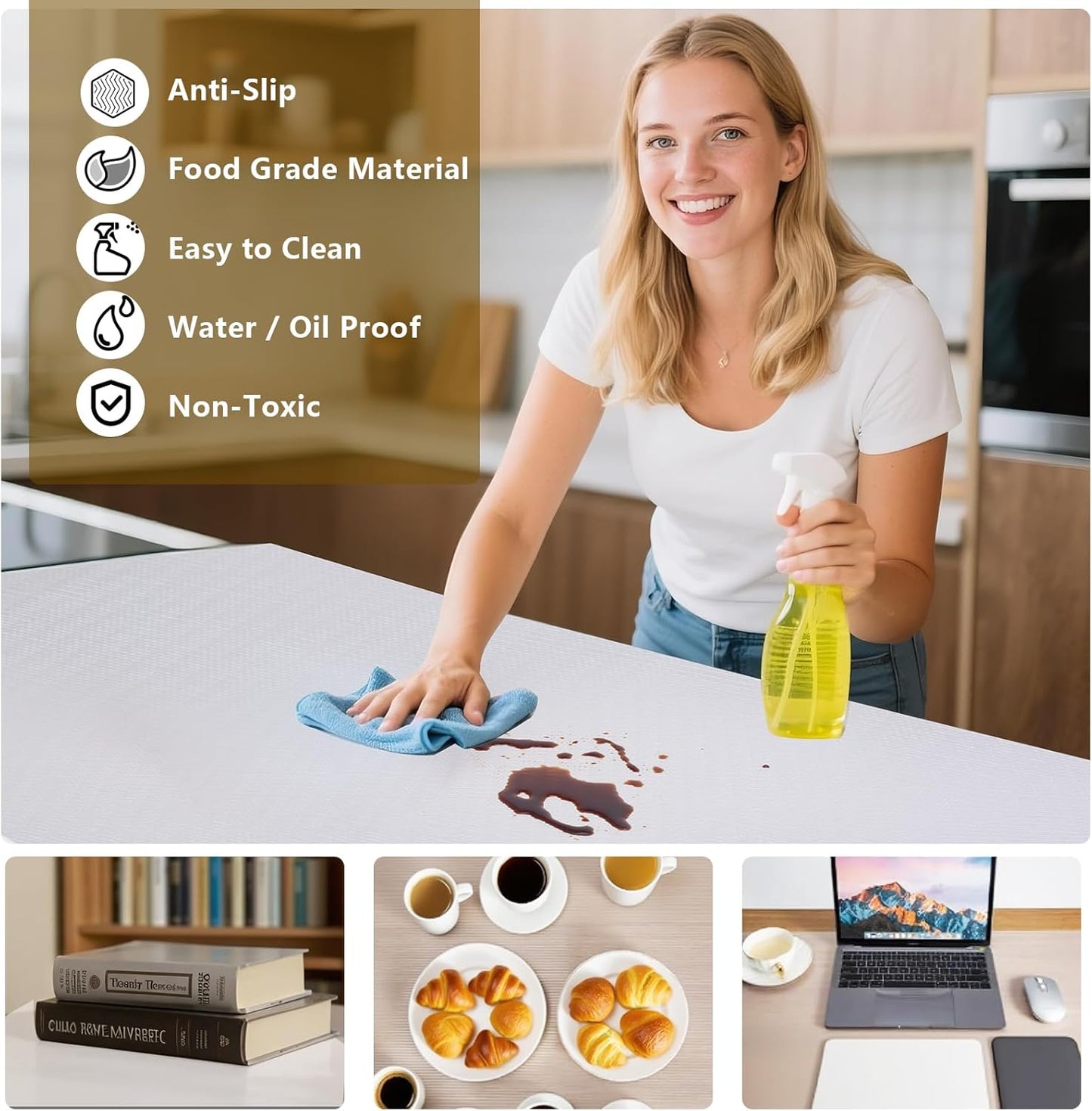 Shelf Liner, 14 Inches x 20 FEET Non-Slip Kitchen Cabinet Liner, Washable Oil-Proof Non-Adhesive Contact Paper for Kitchen Drawer, Cabinet, Shelves, Refrigerator, Storage, Desks, coutertops