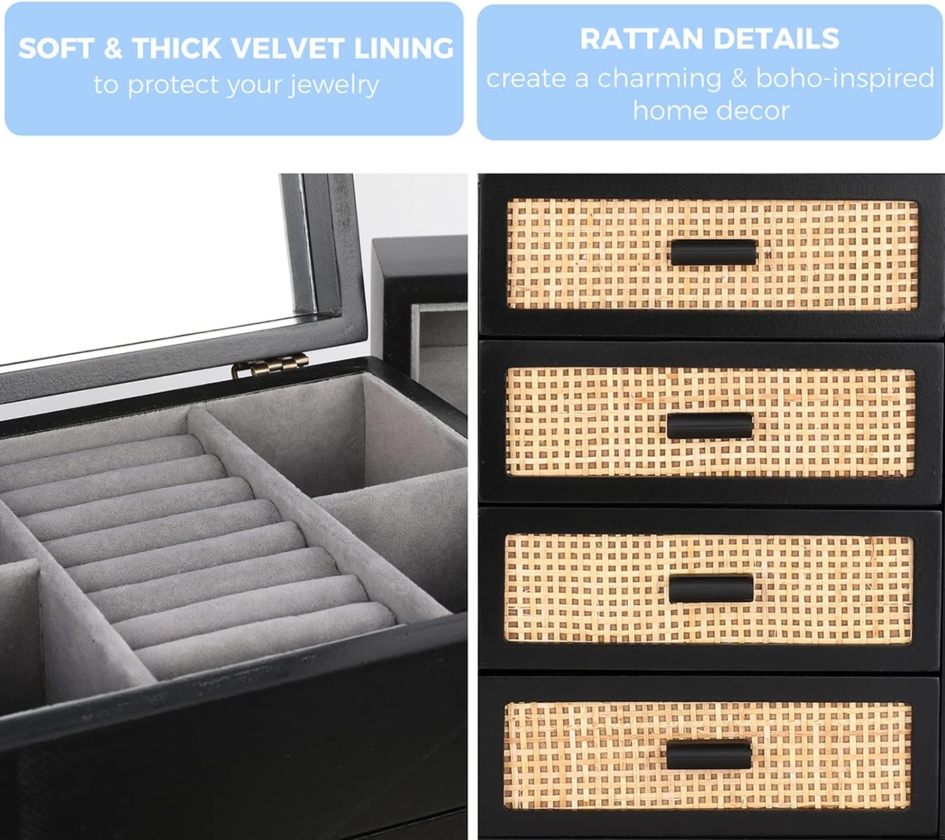 Jewelry Organizer, Rattan Jewelry Box, 5 Layer Wooden Jewelry Organizer Box with Mirror, Jewelry Boxes with 4 Drawers for Women Men, Black Jewelry Storage for Rings Earrings Necklaces Bracelets Watch