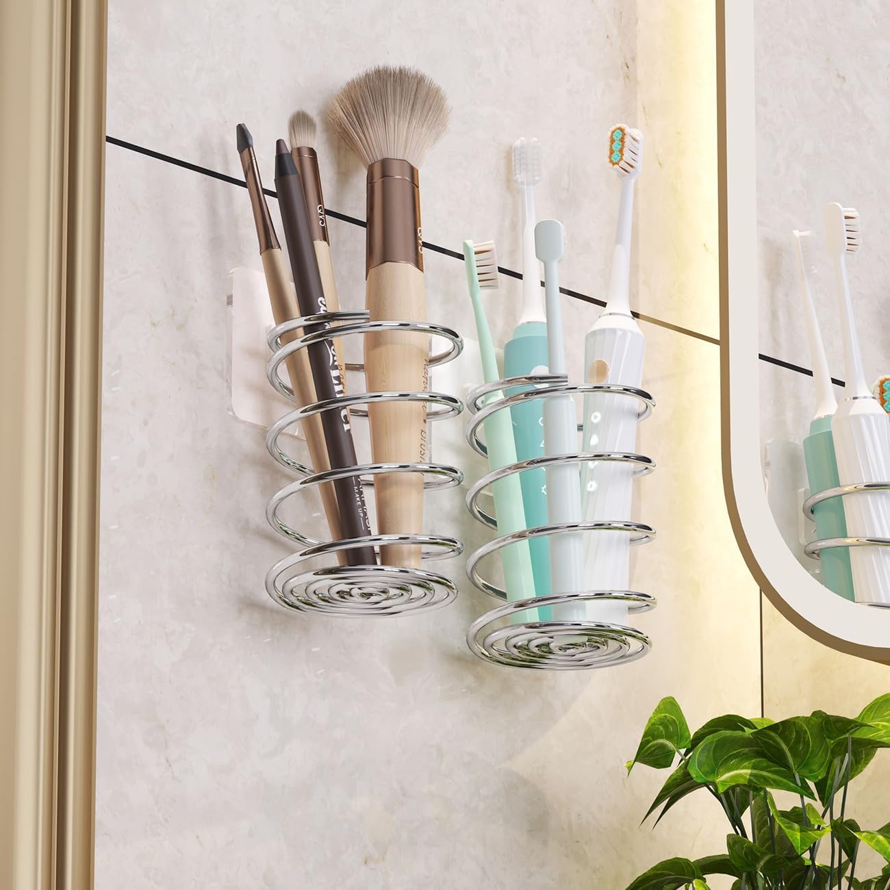 Wall-Mounted Spiral Hair Tool Holder, Adhesive Bathroom Organizer for Toothbrush and Makeup Brushes, Stainless Steel, 8 x 7 cm (1)