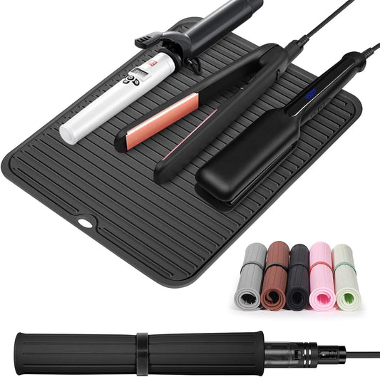 Quccefods Large Heat Resistant Silicone Mat for Hair Tools: Curling Iron, Flat Iron, Hair Straightener - Portable Hair Styling Pad Cover