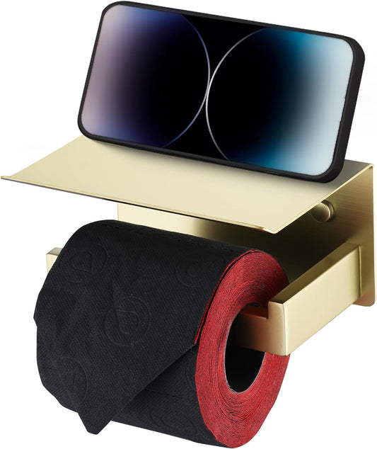 LANC Gold Toilet Paper Holder with Shelf Toilet Tissue Roll Holder with Phone Shelf for Bathroom Wall Mounted or Self-Adhesive Toilet Paper Roll Holder Stainless Steel, Left Rod, A8367BG-LF