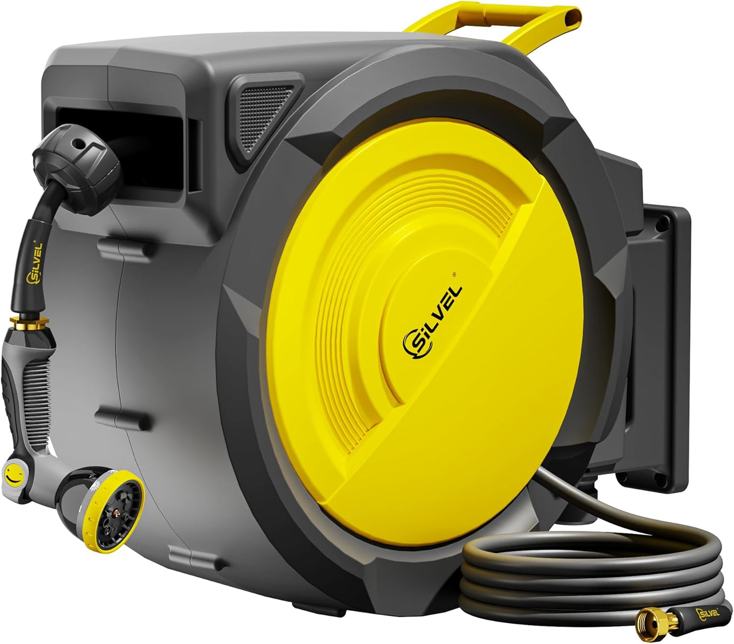 SILVEL Retractable Garden Hose Reel – 5/8 in x 110FT Heavy Duty Automatic Hose Reel Wall Mounted, UV Resistant with 10 Pattern Nozzle, Any Length Lock & Slow Return System, 180°Swivel Bracket, Yellow