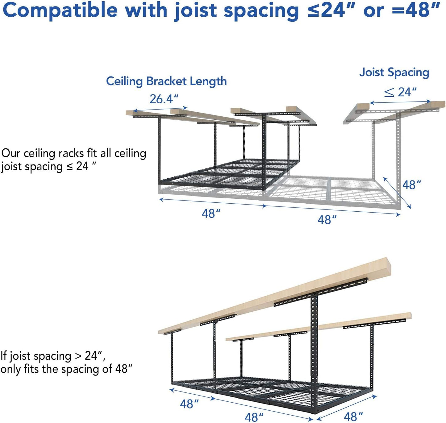 FLEXIMOUNTS 4x8 Overhead Garage Storage Rack, Adjustable Organization System, Heavy-Duty Metal Ceiling Racks, 750lbs Weight Capacity, Hammertone, Classic Series