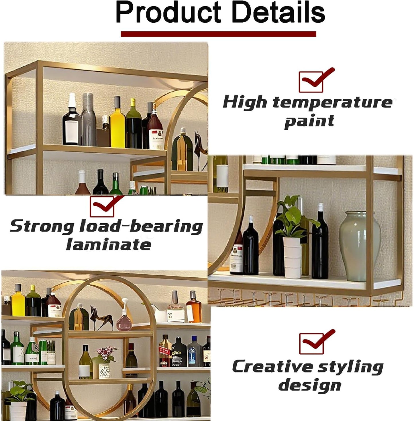 71IN Large Wall Mount Wine Rack, Metal 4 Tier Hanging Bottle Holder with Wine Glass Storage Racks, Modern Floating Wine Shelves for Home Bar Dining Room Decoration (Gold)