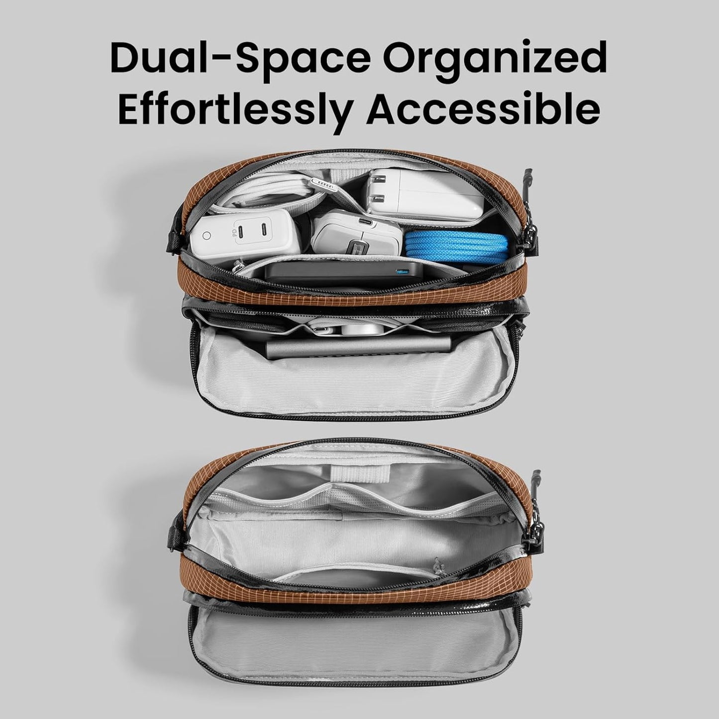 tomtoc Electronic Organizer Travel Case Performance, Water Resistant Dual Compartment Cable Organization Storage Bag for Charger, Cord, Phone, Hard Drive, Power Bank, Accessories Travel Essentials