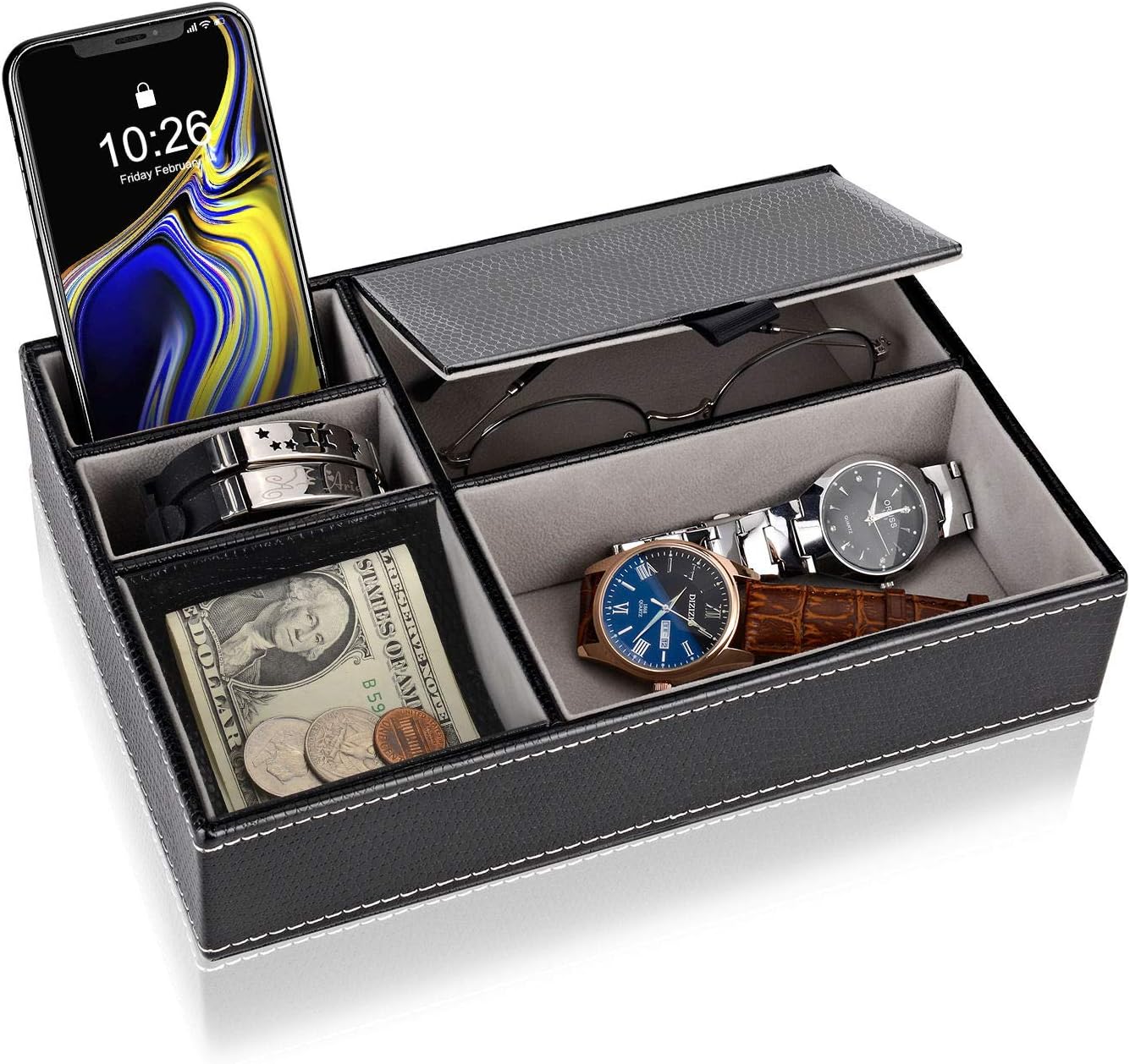 Baoyun Men's Valet Tray, Faux Leather Valet Box, EDC Catch All Tray, Dresser Top Nightstand Organizer with 5 Compartments for Smartphone, Keys, Wallet, Watch