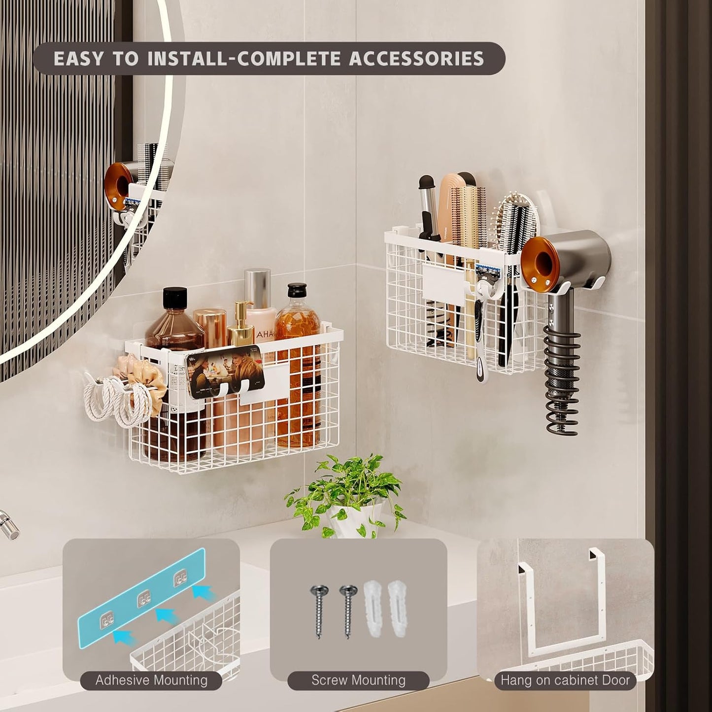 2 Pack Hair Tool Organizer,Adhesive Hair Dryer Holder Cabinet Door/Wall Mounted Adjustable Height Blow Dryer Holder Under Sink Bathroom Hair Appliance Organizer and Storage Countertop(White)