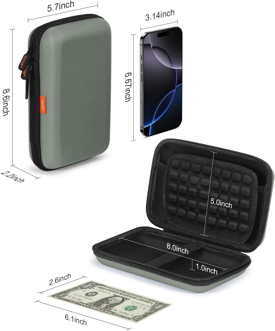 Gray-Green Hard Shell Carrying Case for External Hard Drive, Hard Disk, Power Bank, Charger, Cable, Cell Phone, Electronic Accessories - Larger Capacity Storage Pouch Shockproof Travel Case Bag