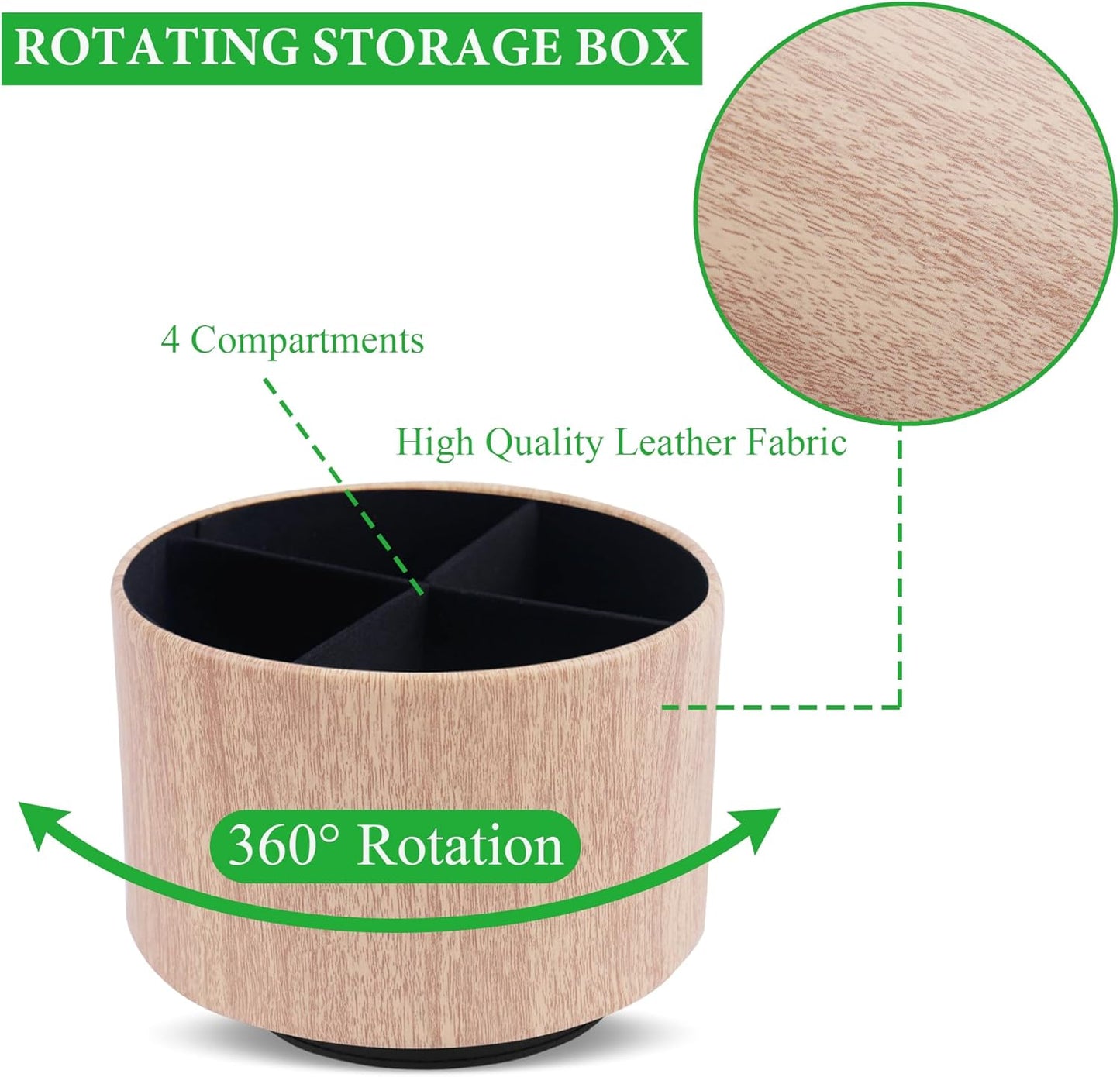 Round Leather Art Supply Organizer,Remote Control Holder,360 Degree Spinning,Multi-Functional Pencil Holder,4 Compartments Desktop Stationary Organizer(1-Thin Wood Yellow)
