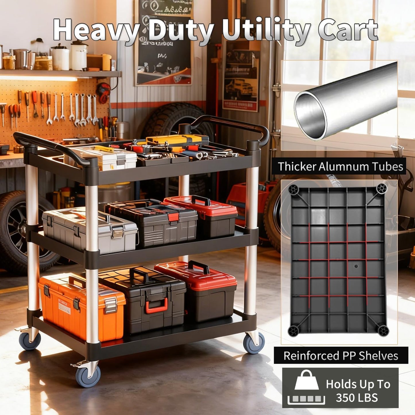 3 Tier Rolling Cart with Hair-Proof Wheels, Plastic Utility Service Cart, Heavy Duty 350 Lbs Capacity, Solid Handle, Commercial Serving Cart for Home/Office/Restaurant/Warehouse.34.2"×17"×37"