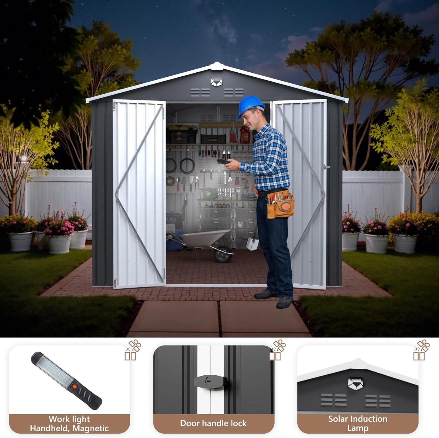 10X12 FT Outdoor Storage Shed, Metal Garden Shed - Tool Storage Sheds with Lockable Doors, Waterproof Outside Storage Building for Backyard, Patio (Black; Floor Not Included)