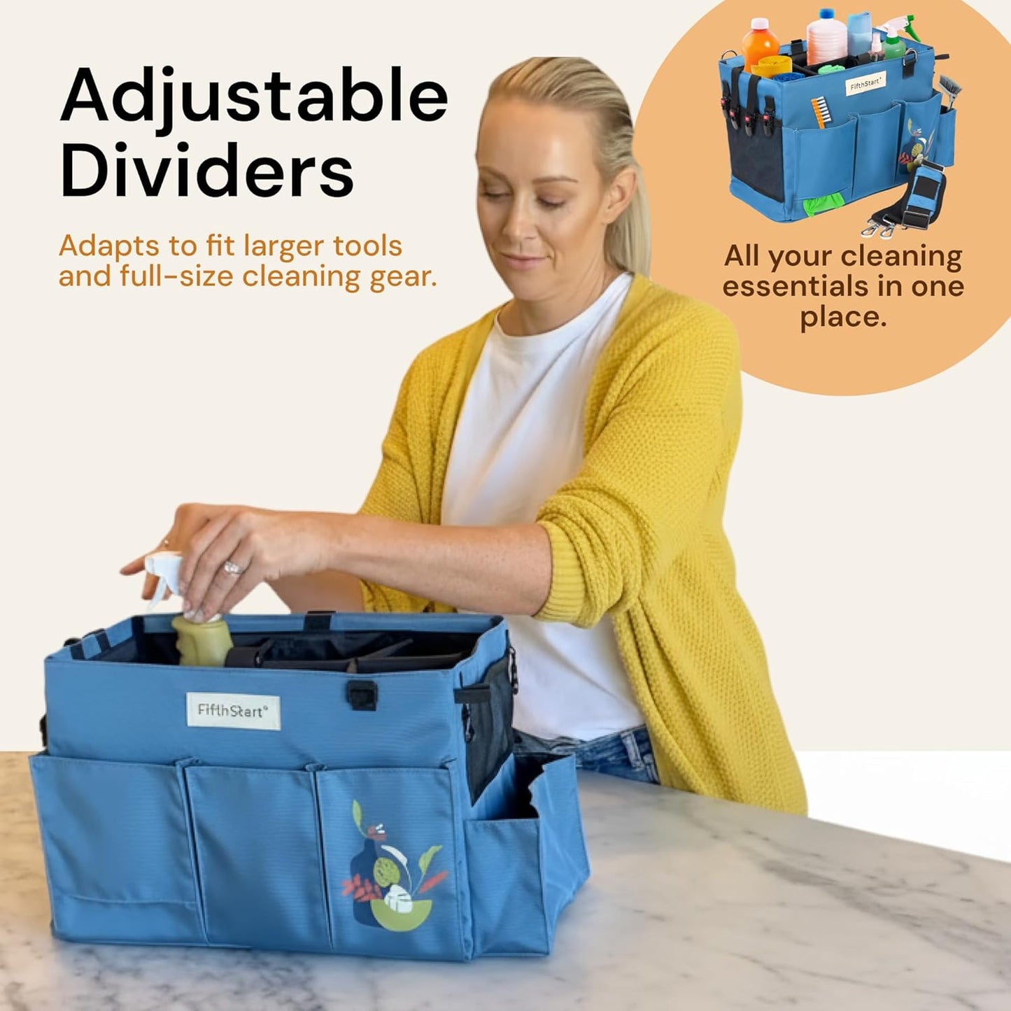 FifthStar Cleaning Caddy Bag for Professionals - Heavy-Duty Organizer with Shoulder Strap, 9 Pockets, Mesh Base & Adjustable Compartments - Cleaning Supplies Organizer for Crews (Blue, Large)