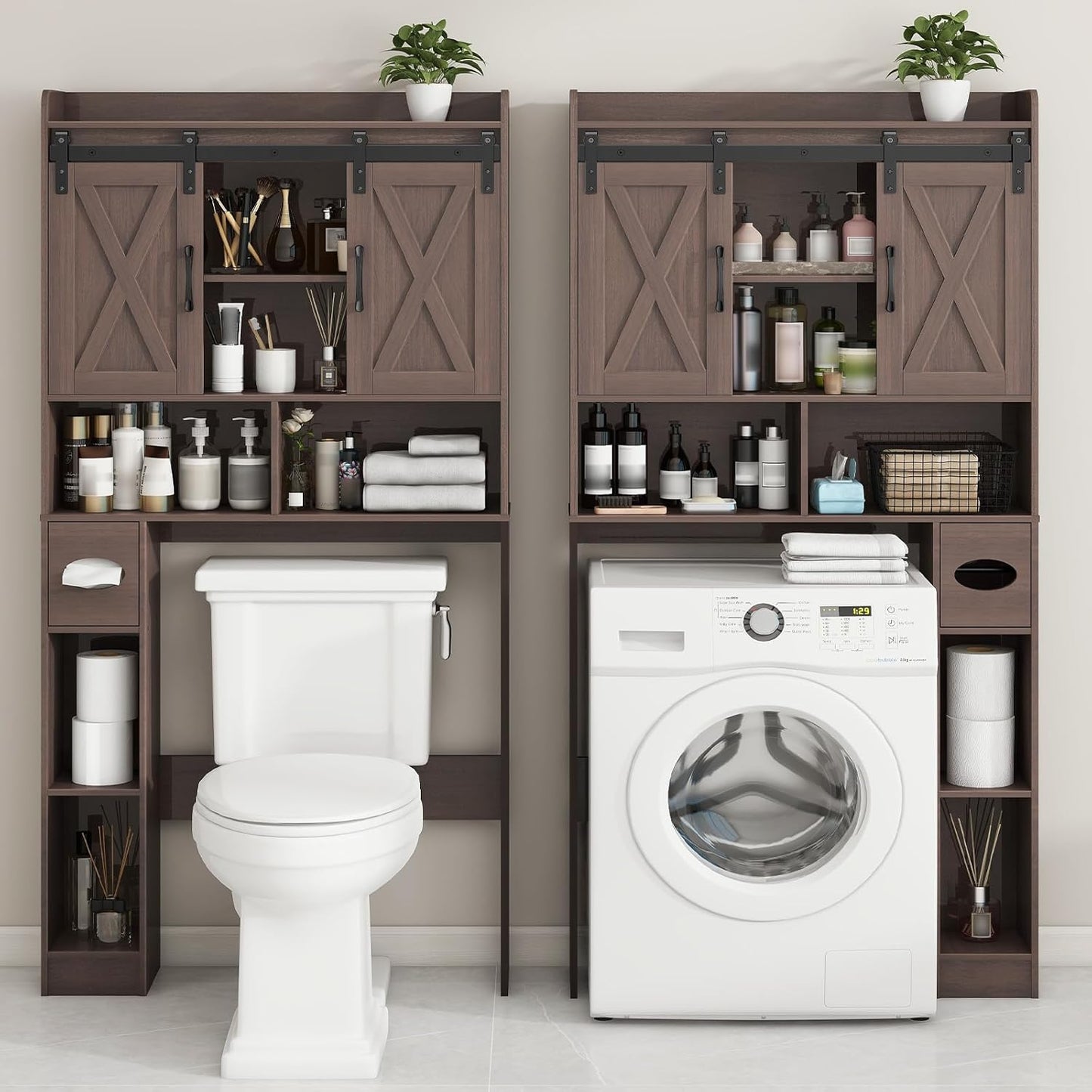 Vabches Over The Toilet Storage Cabinet, Farmhouse Storage Cabinet Over Toilet with Sliding Doors & Toilet Paper Holder Stand，Home Space-Saving Toilet Rack, for Bathroom, Laundry and Restroom