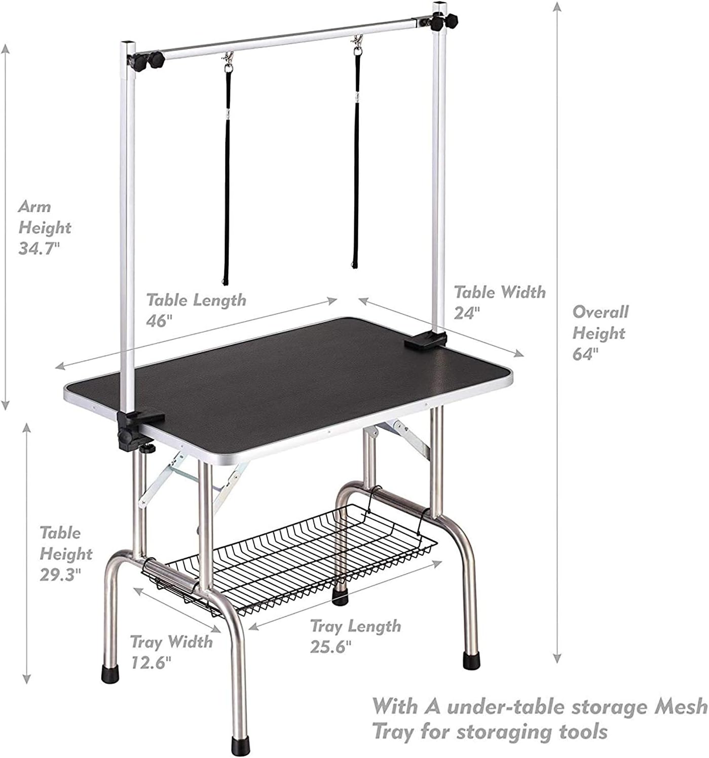 46" Dog Grooming Table Foldable Pet Grooming Tables with Adjustable Arm Noose Storage Mesh Tray Maximum Capacity Up to 330lbs Black