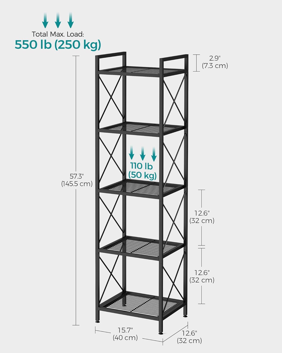 SONGMICS 5-Tier Metal Storage Rack, Shelving Unit with X Side Frames, Dense Mesh, 12.6 x 15.7 x 57.3 Inches, for Entryway, Kitchen, Living Room, Bathroom, Industrial Style, Ink Black UBSC145B01