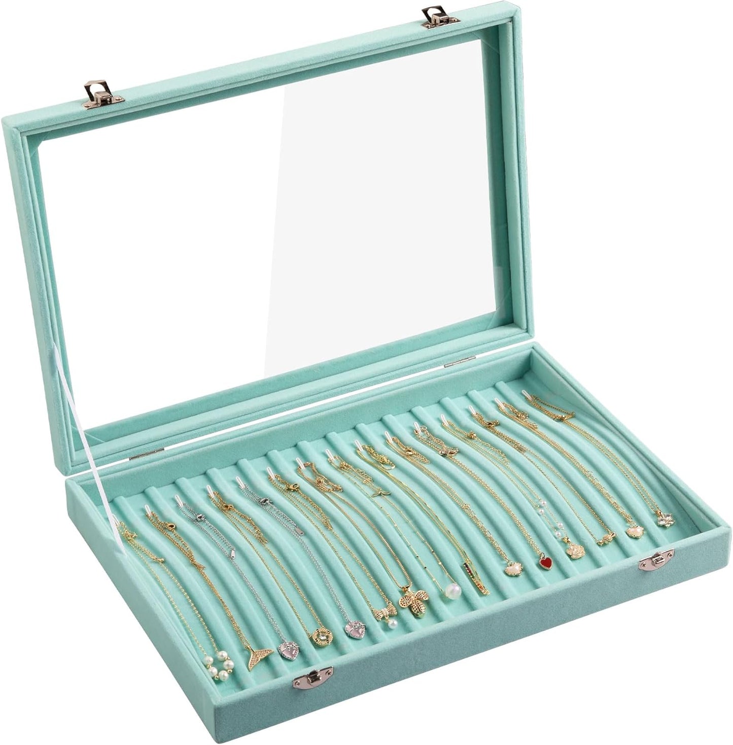 Frebeauty 15 Hooks Necklace Tray Velvet Neckalce Organizer with Clear Lid Lockable Necklace Holder Box Jewelry Organizer for Pendants Chains Necklace Jeweley Tray for Women Girls(Turquoise)