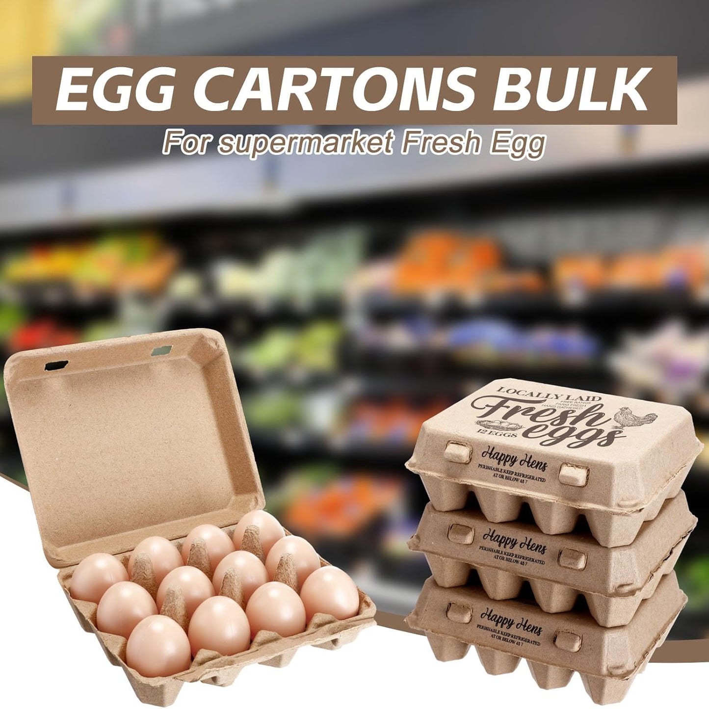 Zhanmai 100 Pack Egg Carton Bulk 12 Chicken Duck Egg Carton Vintage Printed Farm Fresh Crate with 3 x 4 Holds Recycled Paper Cardboard Sturdy Reusable Box Holder(Retro Style)