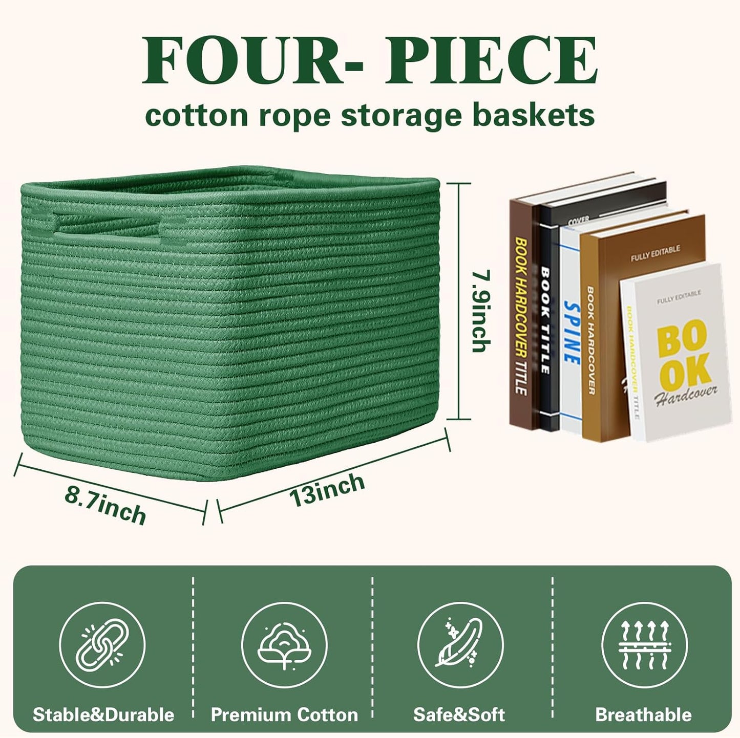 Storage Baskets for Organizing, 4 Pack Storage Baskets for Shelves, Woven Basket for Shelves, Closet Organization, Rectangle Organizer Basket Gifts Empty, 13"Lx8.7"Wx7.9"H Decorative Bins with Handles