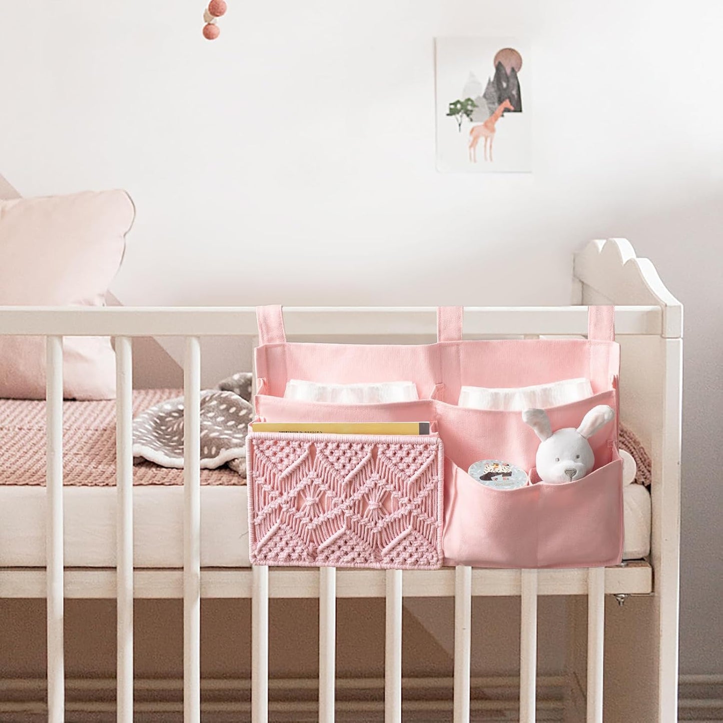 Mkono Bedside Caddy Hanging Organizer, Bunk Woven 7 Pockets Bed Storage Bag Boho Remote Magazine Books Holder with Macrame for Loft Bed College Dorm Bedroom Baby Bed Rails, Pink