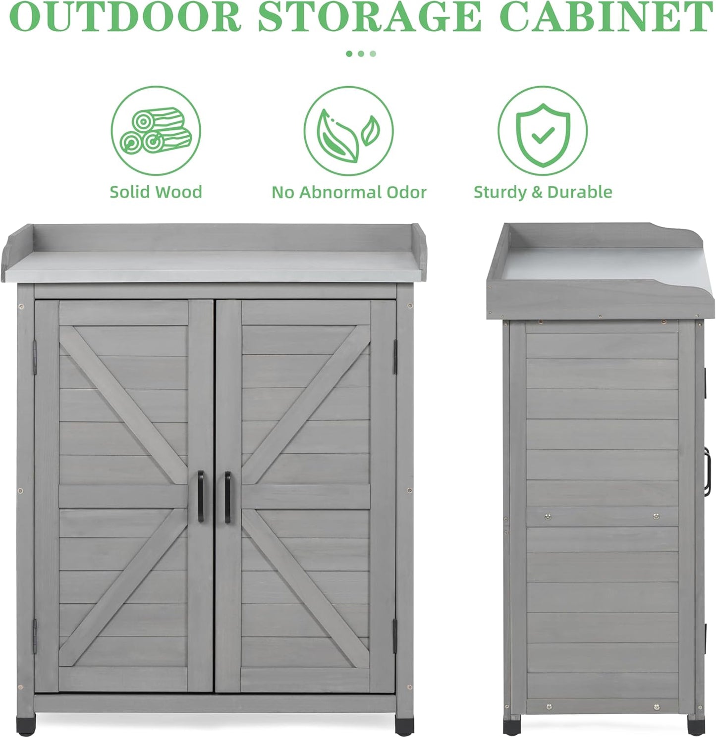 Outdoor Potting Bench with Storage Cabinet and Metal Top, Wood Workstation for Outdoor Patio, Garden (Classic Grey, 31.5x17x39‘’)