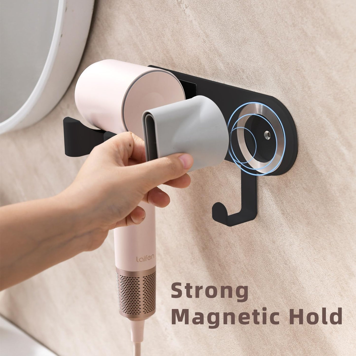 Hair Dryer Holder Wall Mounted, Hair Dryer Organizer Self Adhesive Compatible with Dyson Blow Dryer Holder Aluminum BlowDryer Holder Wall Mounted for Bathroom Black