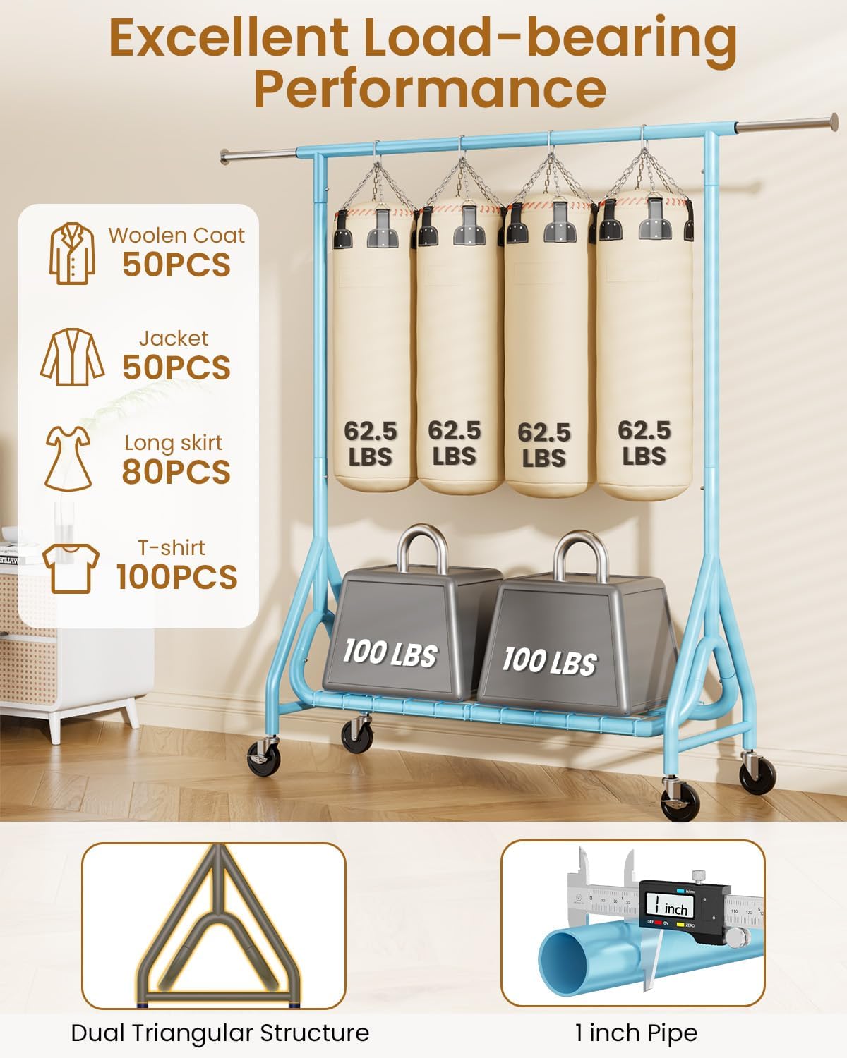 Heavy Duty Clothing Rack, Metal Clothes Rack Load 450 LBS, Rolling Coat Racks for Hanging Clothes with Lockable Wheels, Wardrobe Closet Garment Racks for Bedroom, Sky Blue