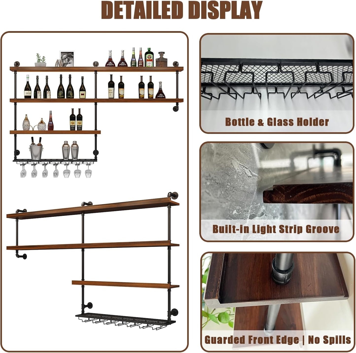 Solid Wood Wall Mounted Wine Rack, Large Wine Rack with LED Light, 4 Tiers Liquor Bottles Floating Shelves with Glass Holder, Industrial Bar Shelves for Home Bar Dining Room (59.1 IN/ 150CM)
