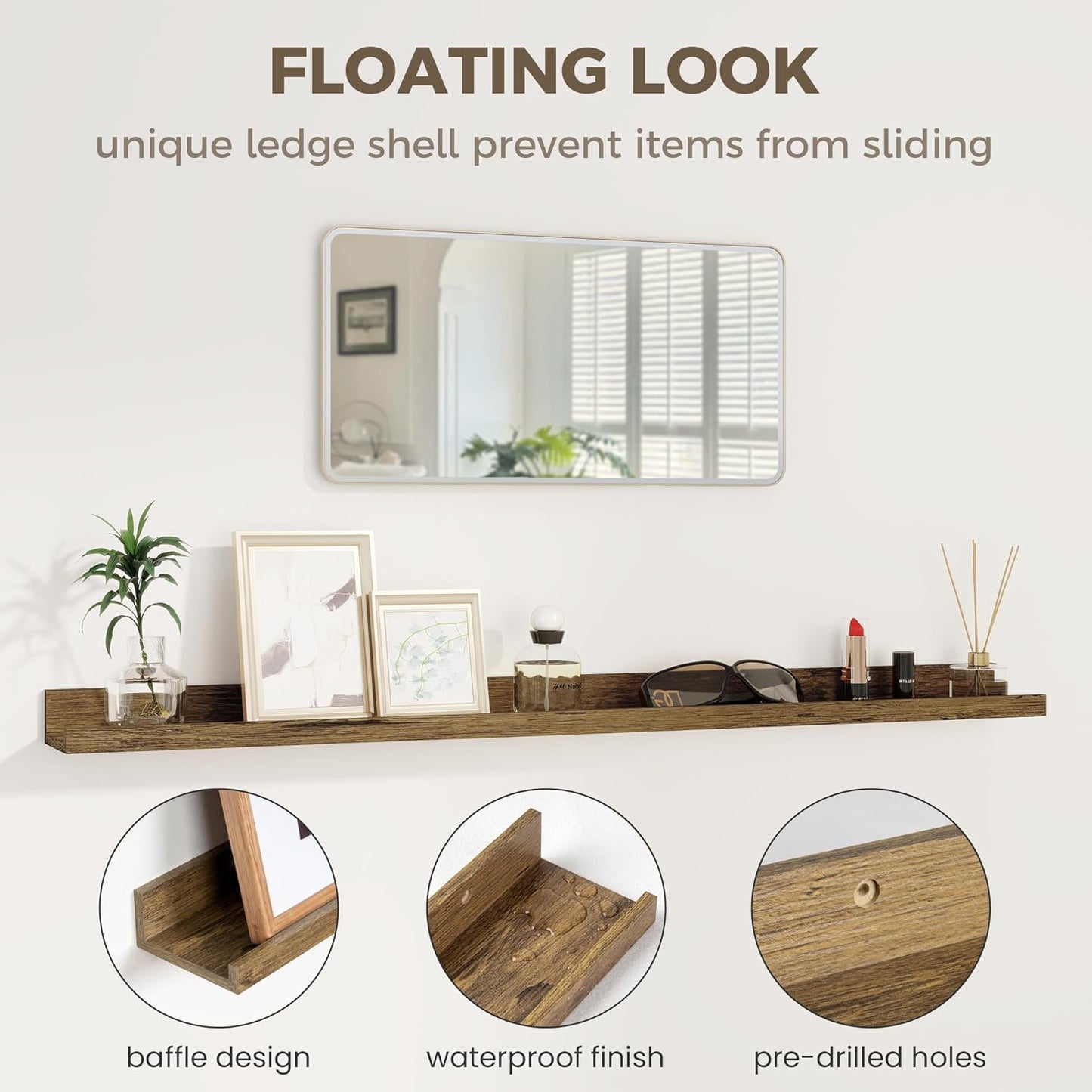 Axeman 72 Inch Floating Shelves for Wall | Picture Ledge Shelf Set of 2 | Rustic Brown Picture Shelf for Wall with Ledge | Long Floating Shelves with Lip | Photo Ledge Shelves for Books Album Records