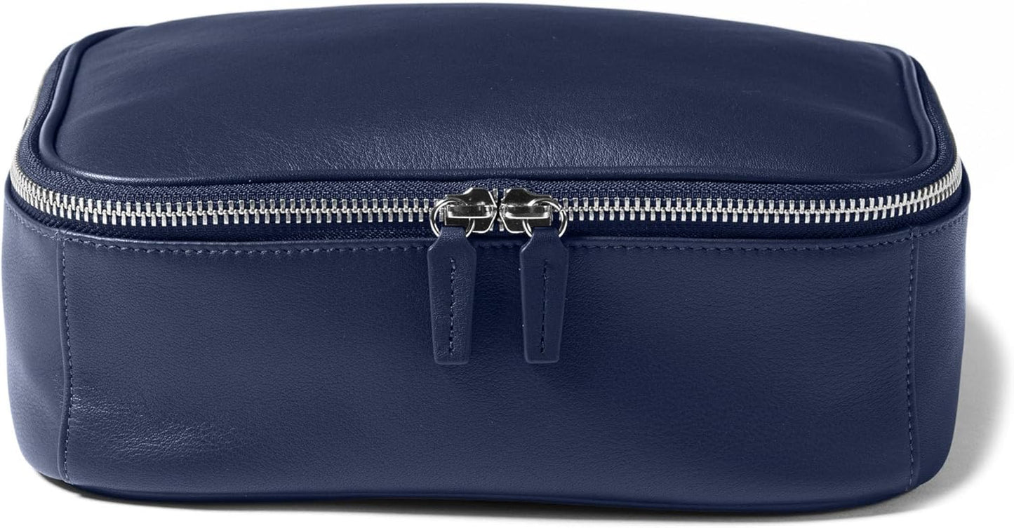Leatherology Navy Blue Large Travel Organizer – Full-Grain Leather Toiletry Bag with Zipped Mesh Pocket, Elastic Loops & Double Metal Zipper – Travel Storage for Cables, Toiletries & Essentials