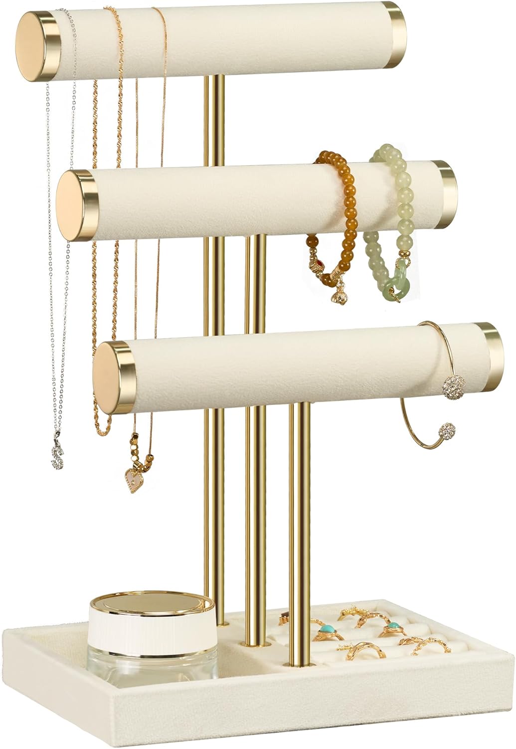 3 Tier Bracelet Holder Display - Detachable T Bar Beige Velvet Bracelet Holder, Jewelry Holder Organizer for Bracelet, Necklace, Watches, Rings