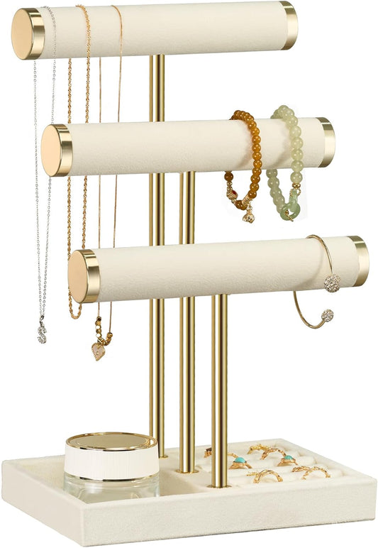 3 Tier Bracelet Holder Display - Detachable T Bar Beige Velvet Bracelet Holder, Jewelry Holder Organizer for Bracelet, Necklace, Watches, Rings