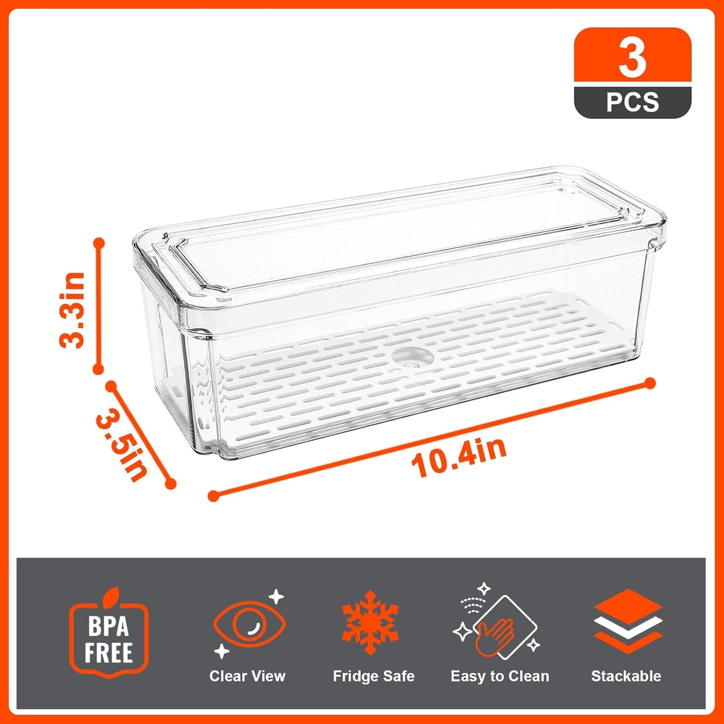 YINGRACE 3 Pack Fridge Organizer Bins, Stackable Refrigerator Organizers and Storage, BPA-Free Clear Produce Containers For Fruit, Vegetable, Drinks, Snacks