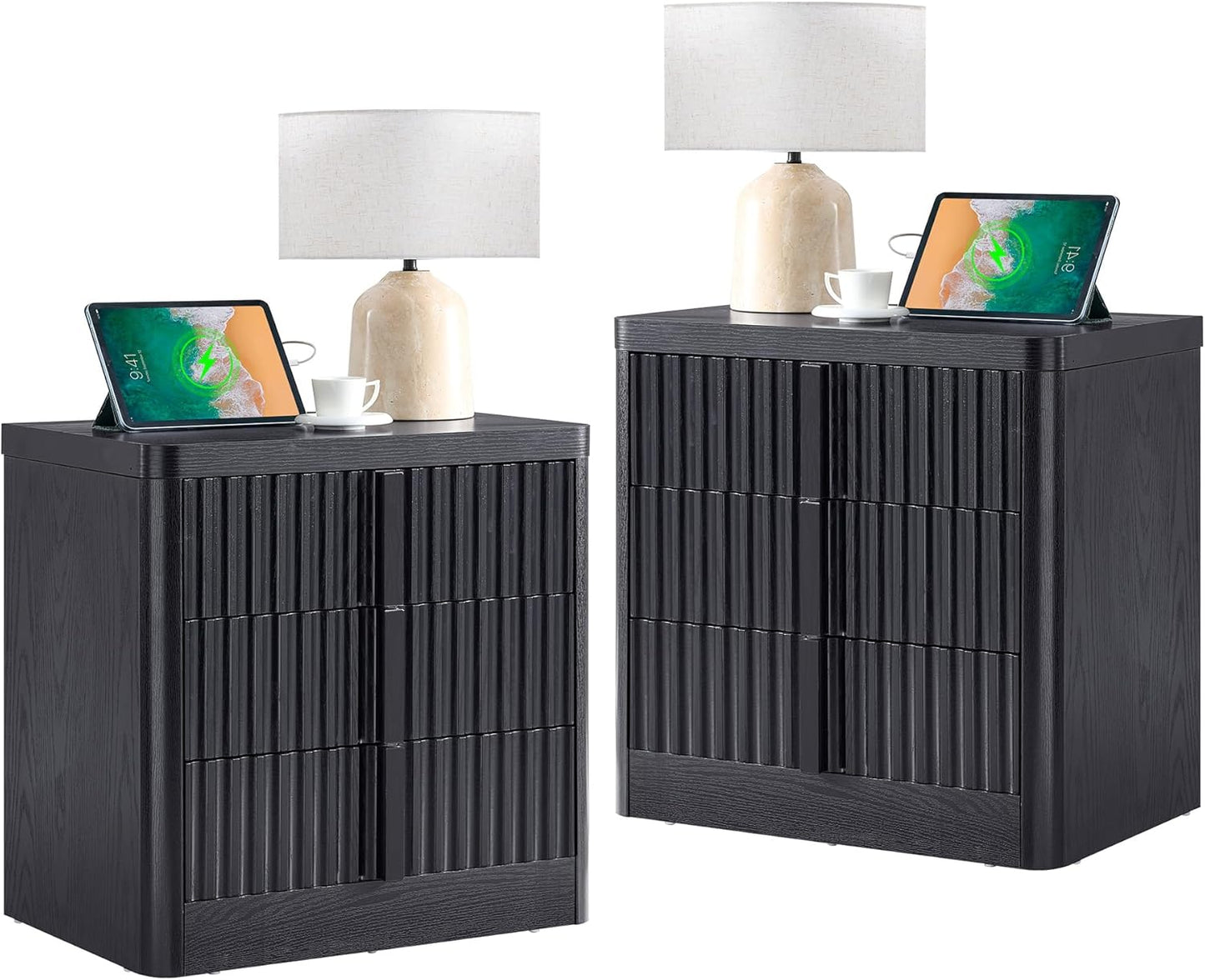 23.6" Nightstand Set of 2 with Charging Station, Side Table with 3 Storage Drawers, Mid Century Modern Night Stand with Solid Wood Handle, Bedside End Table for Bedroom, Living Room, Black