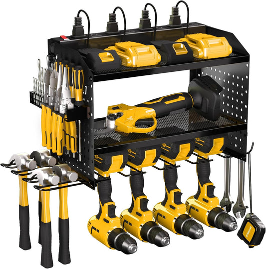 Veitorld Power Tool Organizer Wall Mount with Charging Station, 4 Drill Holder Heavy Duty Cordless Tool Storage Rack, Metal Garage Organizers and Storage, Christmas Birthday Gifts for Men Dad Him