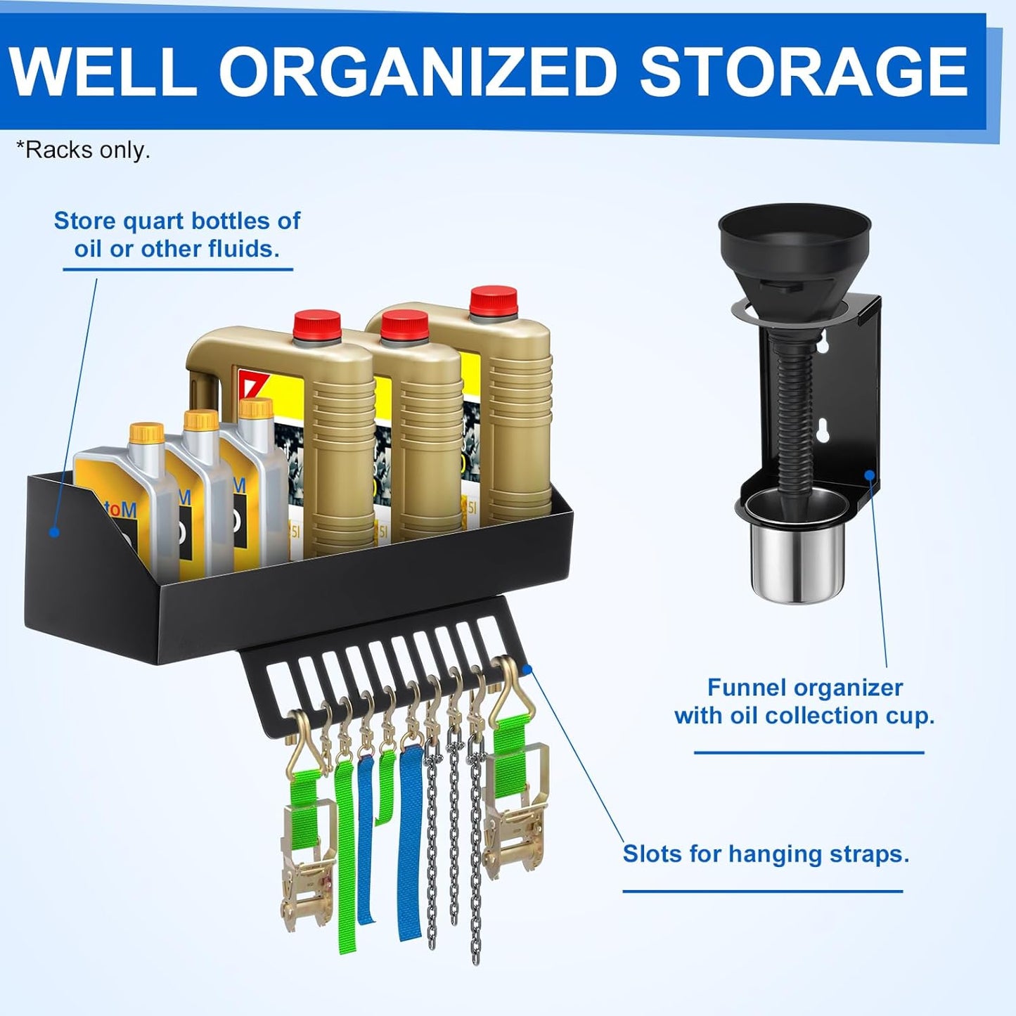 Zonon 6 Quart Motor Oil Bottle Holder Oil Bottle Storage Rack with Funnel Holder Organizer Wall Mount for Shed Garage, Pegboard, Workshop, Home, Enclosed Race Trailer Shop, Fit Most of Storage Tool